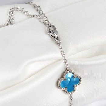 316L Çelik Sedefli Gökyüzü Mavisi Gümüş Renk Yonca Kadın Bileklik