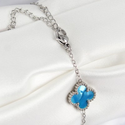 316L Çelik Sedefli Gökyüzü Mavisi Gümüş Renk Yonca Kadın Bileklik