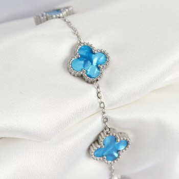 316L Çelik Sedefli Gökyüzü Mavisi Gümüş Renk Yonca Kadın Bileklik