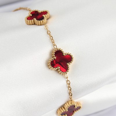 316L Çelik Sedefli Kırmızı Gold Renk Yonca Kadın Bileklik