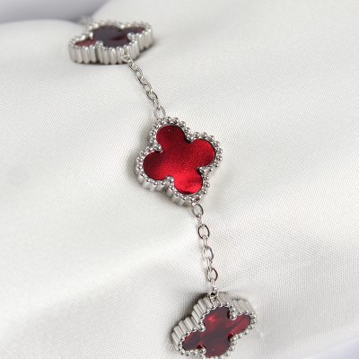 316L Çelik Sedefli Kırmızı Gümüş Renk Yonca Kadın Bileklik