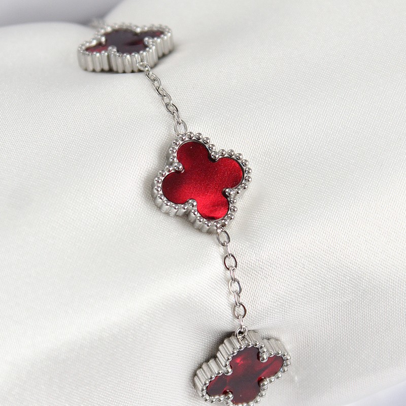 316L Çelik Sedefli Kırmızı Gümüş Renk Yonca Kadın Bileklik