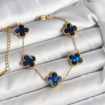 316L Çelik Sedefli Lacivert Gold Renk Yonca Kadın Bileklik