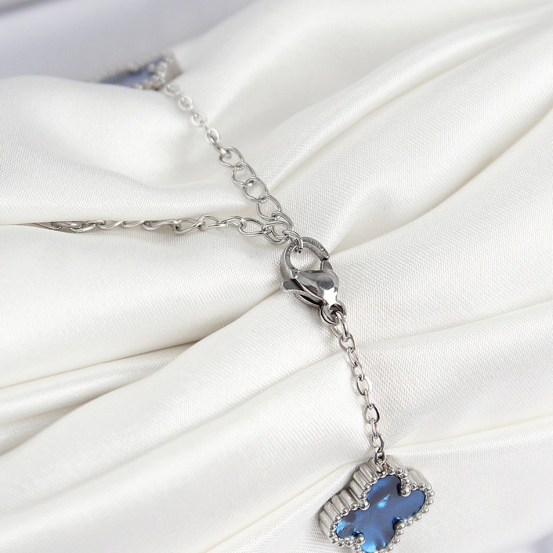 316L Çelik Sedefli Lacivert Gümüş Renk Yonca Kadın Bileklik