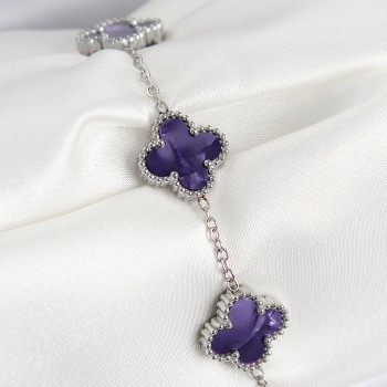 316L Çelik Sedefli Mor Gümüş Renk Yonca Kadın Bileklik