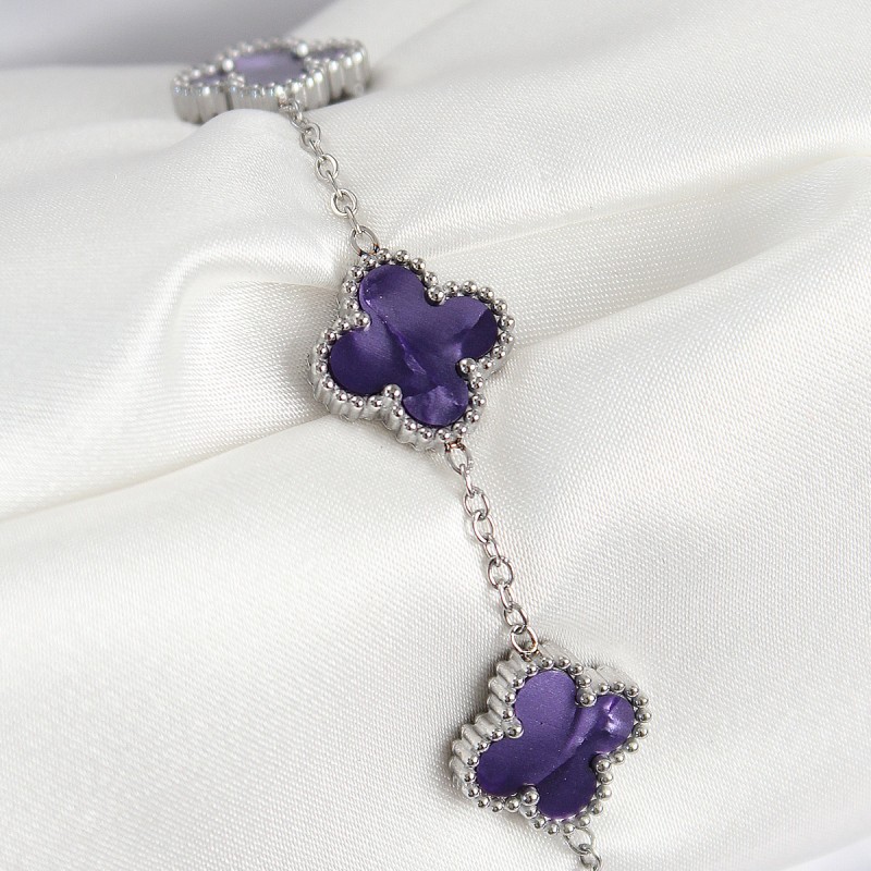 316L Çelik Sedefli Mor Gümüş Renk Yonca Kadın Bileklik