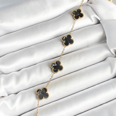 316L Çelik Sedefli Siyah Gold Renk Yonca Kadın Bileklik