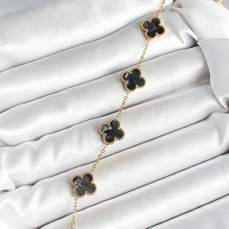 316L Çelik Sedefli Siyah Gold Renk Yonca Kadın Bileklik