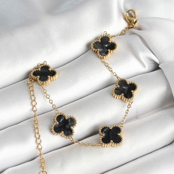 316L Çelik Sedefli Siyah Gold Renk Yonca Kadın Bileklik