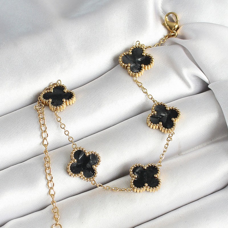 316L Çelik Sedefli Siyah Gold Renk Yonca Kadın Bileklik