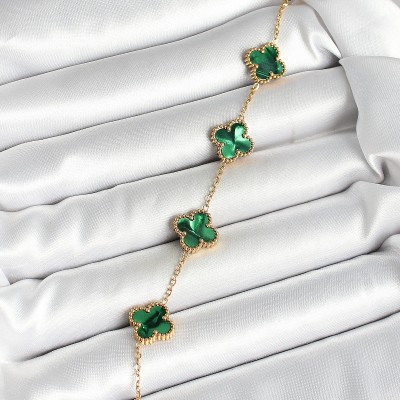 316L Çelik Sedefli Zümrüt Yeşil Gold Renk Yonca Kadın Bileklik