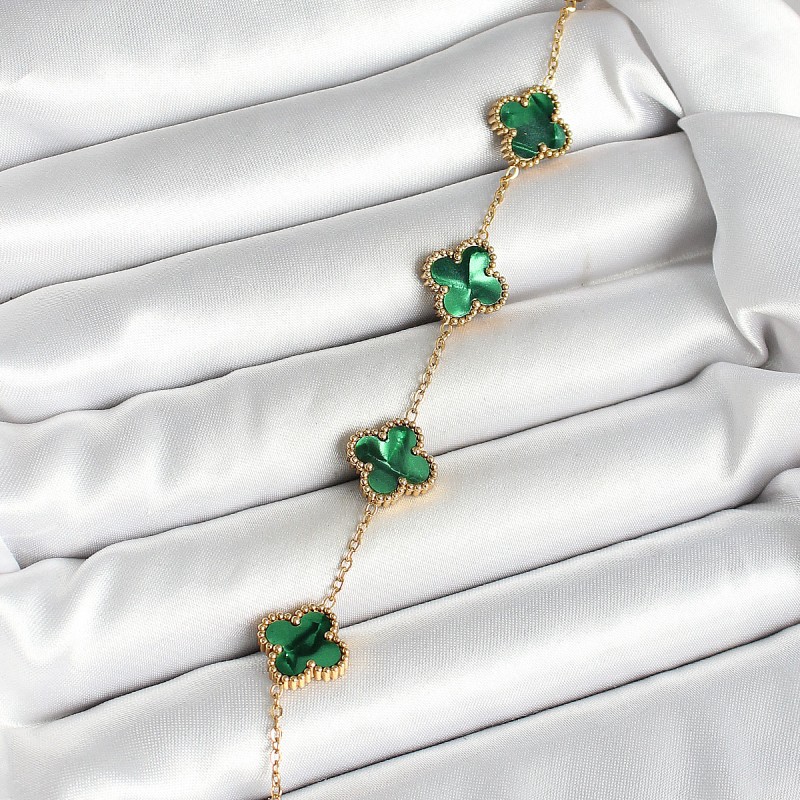 316L Çelik Sedefli Zümrüt Yeşil Gold Renk Yonca Kadın Bileklik