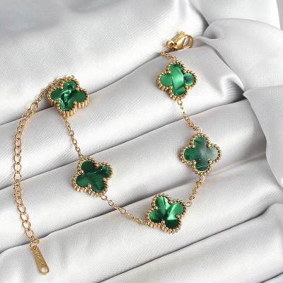 316L Çelik Sedefli Zümrüt Yeşil Gold Renk Yonca Kadın Bileklik