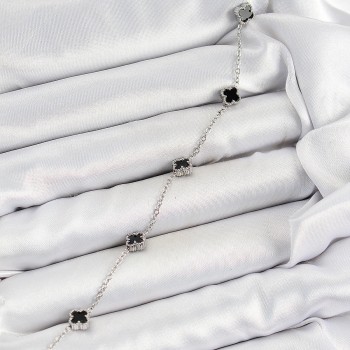 316L Çelik Siyah Sedef Yonca Model Gümüş Renk Kadın Bileklik