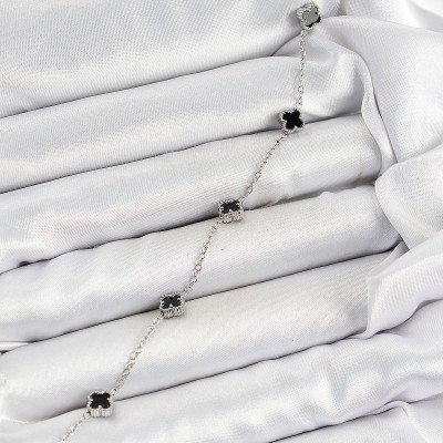 316L Çelik Siyah Sedef Yonca Model Gümüş Renk Kadın Bileklik