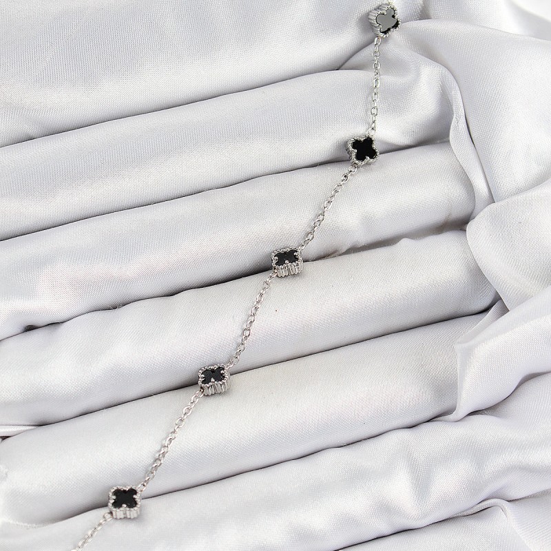 316L Çelik Siyah Sedef Yonca Model Gümüş Renk Kadın Bileklik