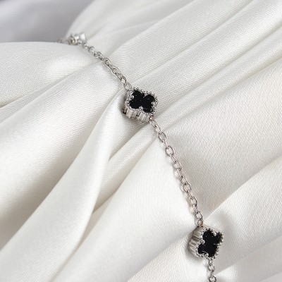 316L Çelik Siyah Sedef Yonca Model Gümüş Renk Kadın Bileklik