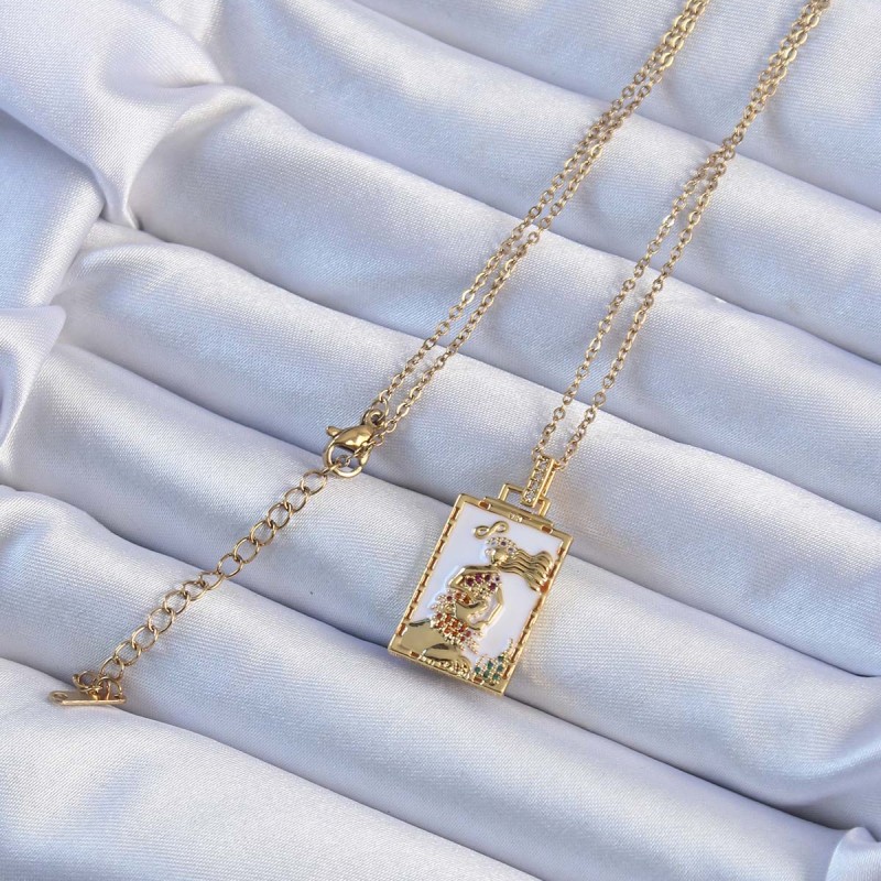 316L Çelik Zincir Altın Renk Beyaz Mineli Tarot Kolye