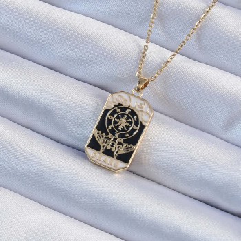316L Çelik Zincir Altın Renk İşlemeli Siyah Mineli Tarot Kolye