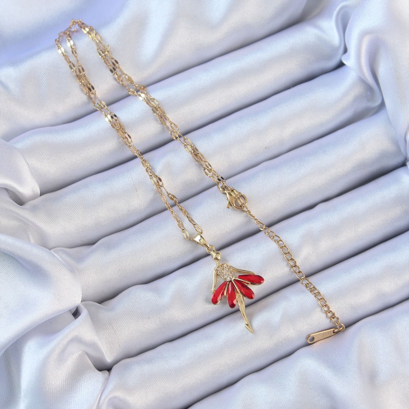 316L Çelik Zincir Altın Renk Kırmızı Etekli Zirkon Taşlı Balerin Kolye