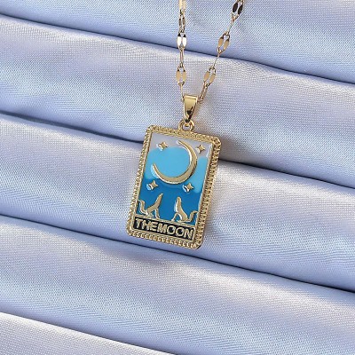 316L Çelik Zincir Altın Renk Mavi Mineli Ay Figür Tarot Kolye
