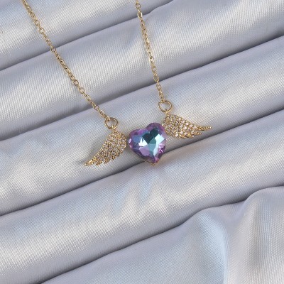 316L Çelik Zincir Altın Renk Mavi Mor Zirkon Taşlı Kanatlı Kalp Kolye