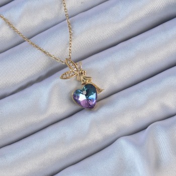 316L Çelik Zincir Altın Renk Mor Mavi Zirkon Taşlı Kalp Detay Peri Kolye
