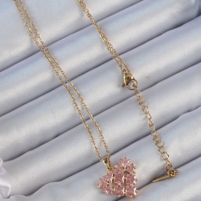 316L Çelik Zincir Altın Renk Pembe Parçalı Zirkon Taşlı Kalp Kolye