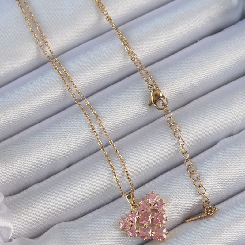 316L Çelik Zincir Altın Renk Pembe Parçalı Zirkon Taşlı Kalp Kolye