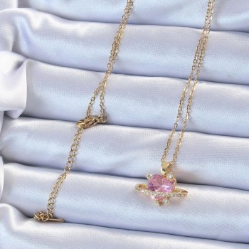316L Çelik Zincir Altın Renk Pembe Zirkon Taşlı Satürn Görünümlü Kalp Kolye