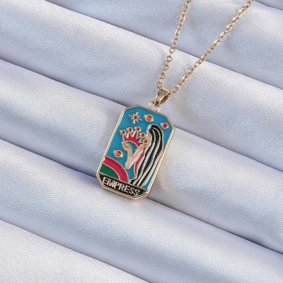 316L Çelik Zincir Altın Renk Taç ve Kız Figürlü Renkli Mineli Tarot Kolye