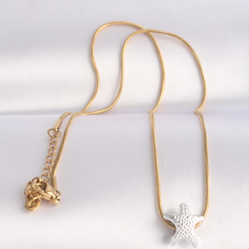 316L Çelik Zincir Altın Renk Zincirli Gümüş Renk Deniz Yıldızı Tasarımlı Kolye