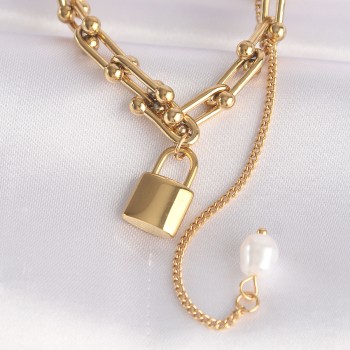 316L Çelik Zincir Altın Renk Zincirli Love Yazılı Kilit Kolye