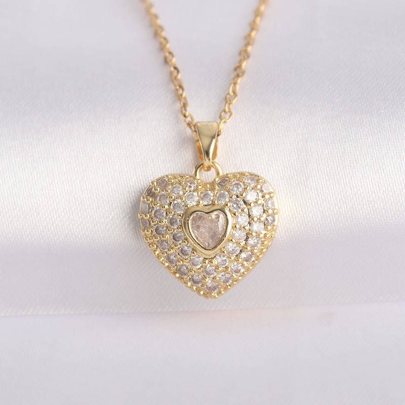 316L Çelik Zincir Altın Renk Zirkon Taşlı Kalp Kolye