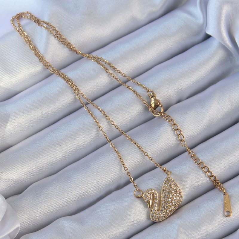 316L Çelik Zincir Altın Renk Zirkon Taşlı Kuğu Kolye