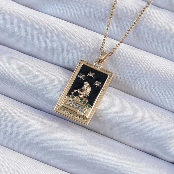 316L Çelik Zincir Altın Renk Zirkon Taşlı Siyah Mineli Kız Figürlü Tarot Kolye