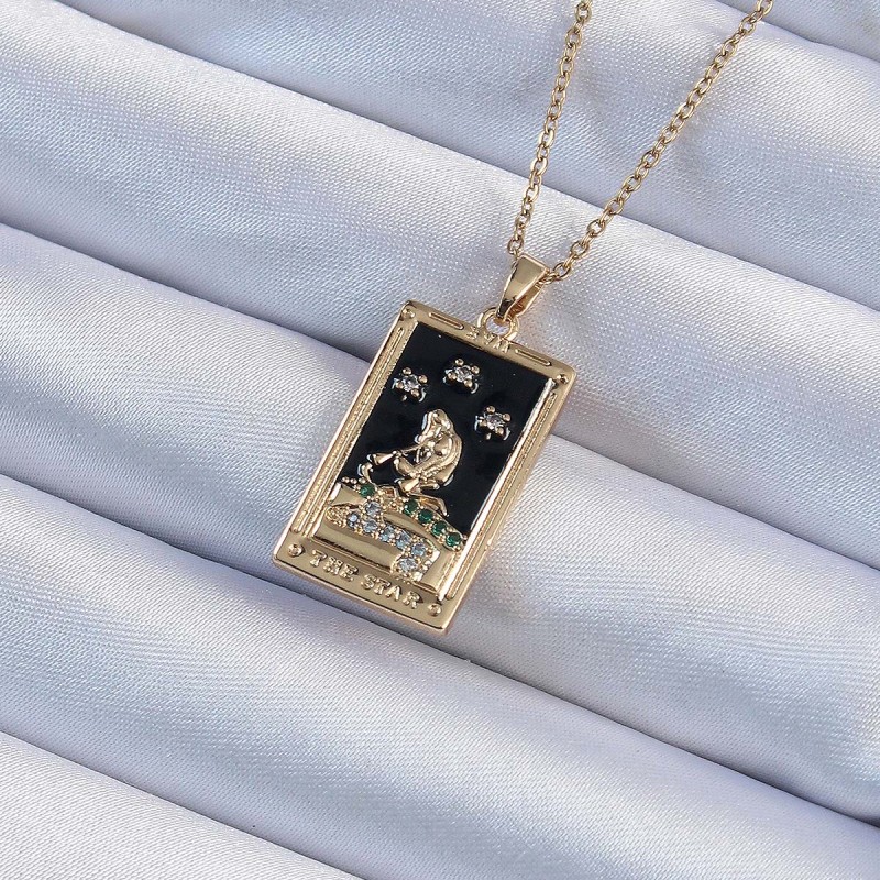 316L Çelik Zincir Altın Renk Zirkon Taşlı Siyah Mineli Kız Figürlü Tarot Kolye