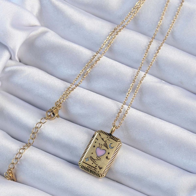 316L Çelik Zincir Eskitme Altın Renk Pembe Mineli Kalp Figürlü Tarot Kolye