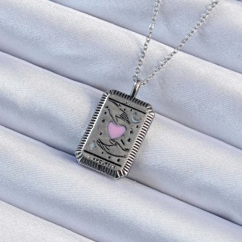 316L Çelik Zincir Eskitme Gümüş Renk Pembe Mineli Kalp Figürlü Tarot Kolye