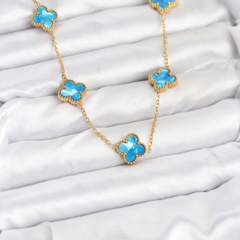 316L Çelik Zincir Gold Buz Mavisi Renk Yonca Kolye