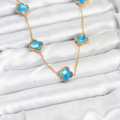 316L Çelik Zincir Gold Buz Mavisi Renk Yonca Kolye