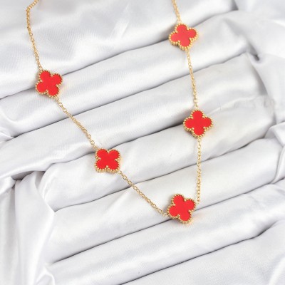 316L Çelik Zincir Gold Kırmızı Renk Yonca Kadın Kolye