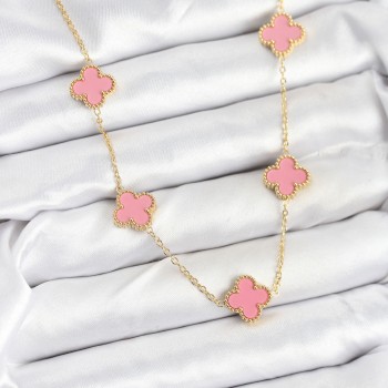 316L Çelik Zincir Gold Pembe Renk Yonca Kadın Kolye