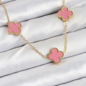 316L Çelik Zincir Gold Pembe Renk Yonca Kadın Kolye