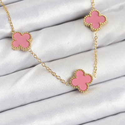 316L Çelik Zincir Gold Pembe Renk Yonca Kadın Kolye