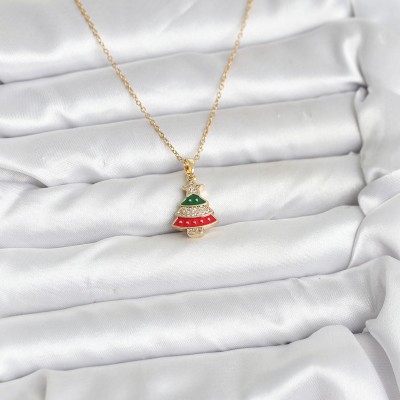 316L Çelik Zincir Gold Ren Çam Ağacı Model Zirkon Taşlı Yılbaşı Temalı Kadın Kolye
