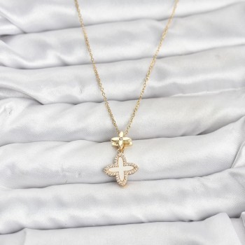 316L Çelik Zincir Gold Renk 4 Yapraklı Yonca Model Zirkon Taşlı Kadın Kolye