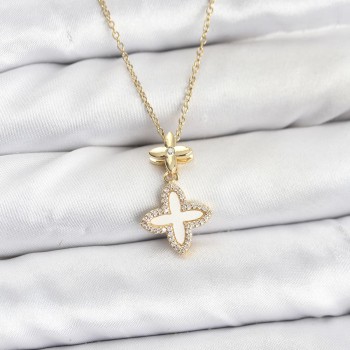 316L Çelik Zincir Gold Renk 4 Yapraklı Yonca Model Zirkon Taşlı Kadın Kolye