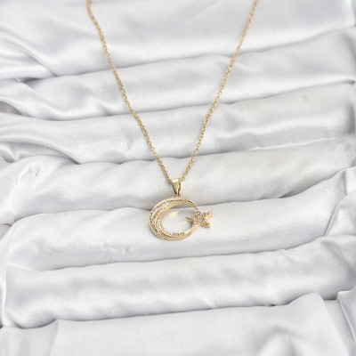 316L Çelik Zincir Gold Renk Ay Yıldız Model Zirkon Taşlı Kadın Kolye