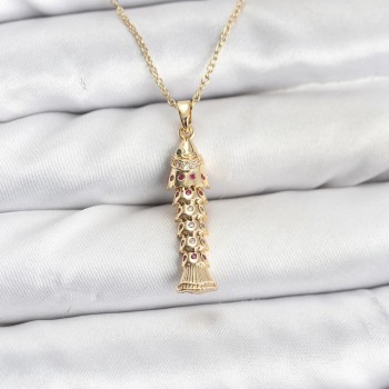 316L Çelik Zincir Gold Renk Balık Model Zirkon Taşlı Kadın Kolye